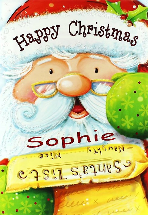 Open Personalised Christmas Card - Any Name - Cute Santa & Big List 7.5" x 5.25" Open Personalised Christmas Card - Any Name - Cute Santa & Big List 7.5" x 5.25"