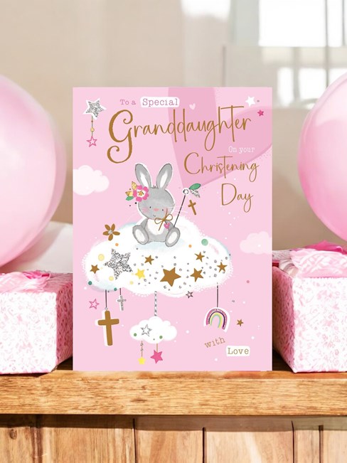 Granddaughter Christening Card - Bunny on Cloud with Gold Foil Cross Glitter 9x6 Granddaughter Christening Card - Bunny on Cloud with Gold Foil Cross Glitter 9x6