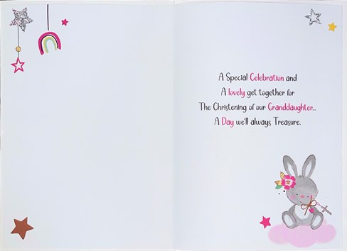 Granddaughter Christening Card - Bunny on Cloud with Gold Foil Cross Glitter 9x6 Granddaughter Christening Card - Bunny on Cloud with Gold Foil Cross Glitter 9x6