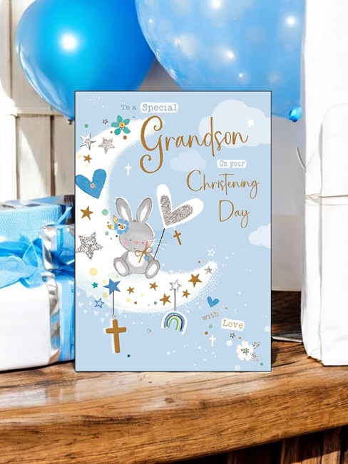 Grandson Christening Card - Rabbit on Moon with Cross Stars Glitter & Foil 9x6" Grandson Christening Card - Rabbit on Moon with Cross Stars Glitter & Foil 9x6"