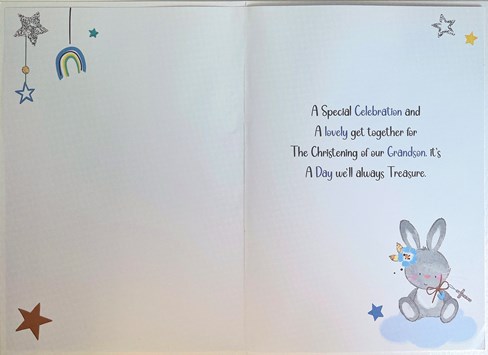 Grandson Christening Card - Rabbit on Moon with Cross Stars Glitter & Foil 9x6" Grandson Christening Card - Rabbit on Moon with Cross Stars Glitter & Foil 9x6"
