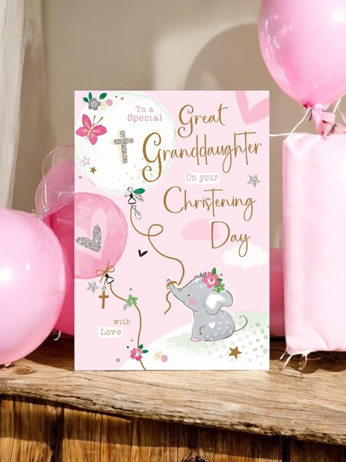 Great Granddaughter Christening Card - Elephant with Balloons Glitter Foil 9x6" Great Granddaughter Christening Card - Elephant with Balloons Glitter Foil 9x6"