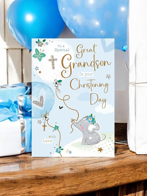Great Grandson Christening Card - Elephant with Balloons Glitter and Foil 9x6" Great Grandson Christening Card - Elephant with Balloons Glitter and Foil 9x6"