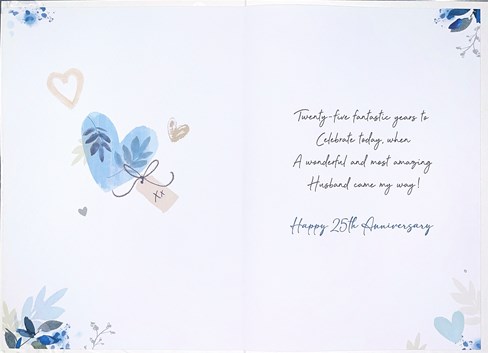 Husband Silver 25th Wedding Anniversary Card - Blue Champagne Flutes 9x6" Husband Silver 25th Wedding Anniversary Card - Blue Champagne Flutes 9x6"