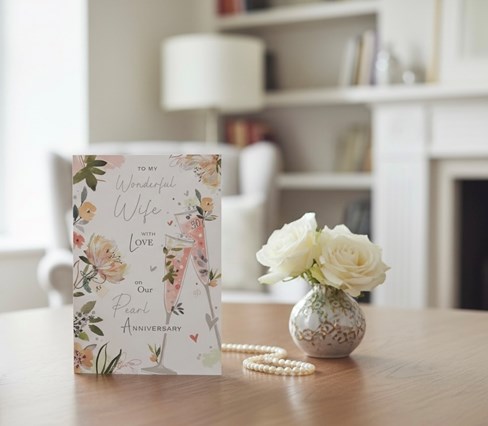 Wife Pearl 30th Wedding Anniversary Card - Champagne Flutes Flowers & Foil 9x6" Wife Pearl 30th Wedding Anniversary Card - Champagne Flutes Flowers & Foil 9x6"
