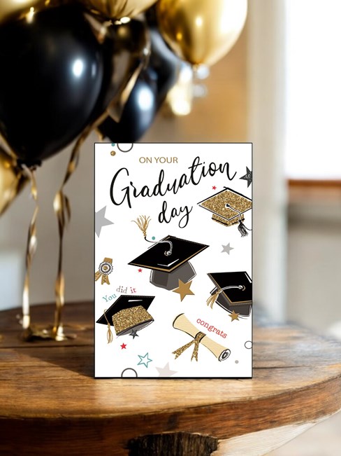 Graduation Congratulations Card - Black Caps Scrolls Gold Glitter Foil 7.5x5.25" Graduation Congratulations Card - Black Caps Scrolls Gold Glitter Foil 7.5x5.25"
