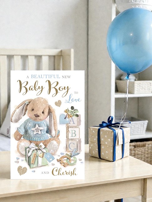 Jonny Javelin Birth of New Baby Boy Card - Bunny in Blue Jumper & Foil 7.25x5.5" Jonny Javelin Birth of New Baby Boy Card - Bunny in Blue Jumper & Foil 7.25x5.5"