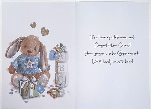 Jonny Javelin Birth of New Baby Boy Card - Bunny in Blue Jumper & Foil 7.25x5.5" Jonny Javelin Birth of New Baby Boy Card - Bunny in Blue Jumper & Foil 7.25x5.5"