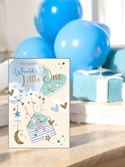 Birth of Baby Boy Card - Welcome to the World Little One Blue Balloons 7.5x5.25" Birth of Baby Boy Card - Welcome to the World Little One Blue Balloons 7.5x5.25"