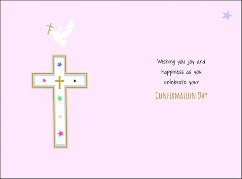 Confirmation Day Card - Pink with White Dove and Cross with Gold Foil 7.5x5.25" Confirmation Day Card - Pink with White Dove and Cross with Gold Foil 7.5x5.25"