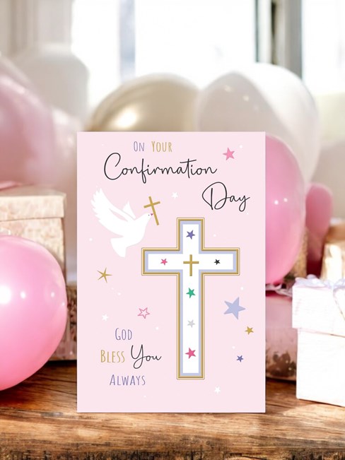 Confirmation Day Card - Pink with White Dove and Cross with Gold Foil 7.5x5.25" Confirmation Day Card - Pink with White Dove and Cross with Gold Foil 7.5x5.25"