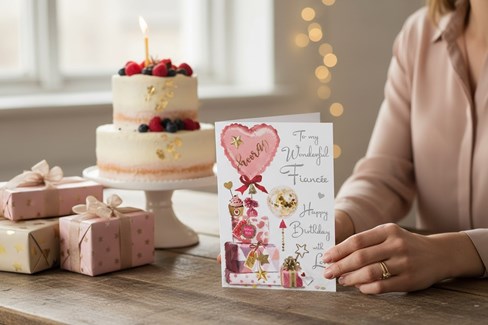 Jonny Javelin Fiancée Birthday Card - Pink Presents Balloons & Foil 9x6.25" Jonny Javelin Fiancée Birthday Card - Pink Presents Balloons & Foil 9x6.25"