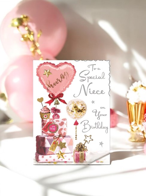 Jonny Javelin Niece Birthday Card - Pink Heart Balloon Presents & Foil 7.25x5.5" Jonny Javelin Niece Birthday Card - Pink Heart Balloon Presents & Foil 7.25x5.5"