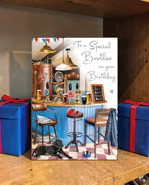 Jonny Javelin Brother Birthday Card - Dog in Micro Pub with Silver Foil 9x6.25" Jonny Javelin Brother Birthday Card - Dog in Micro Pub with Silver Foil 9x6.25"