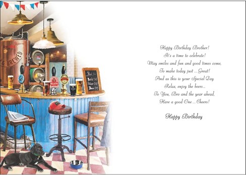 Jonny Javelin Brother Birthday Card - Dog in Micro Pub with Silver Foil 9x6.25" Jonny Javelin Brother Birthday Card - Dog in Micro Pub with Silver Foil 9x6.25"