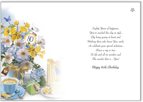 Jonny Javelin 80th Birthday Card - Age 80 Yellow Blue White Flowers Cake 9x6.25" Jonny Javelin 80th Birthday Card - Age 80 Yellow Blue White Flowers Cake 9x6.25"