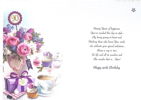 Jonny Javelin Age 90 Birthday Card - 90th Birthday Pink & Lilac Flowers 9x6.25" Jonny Javelin Age 90 Birthday Card - 90th Birthday Pink & Lilac Flowers 9x6.25"