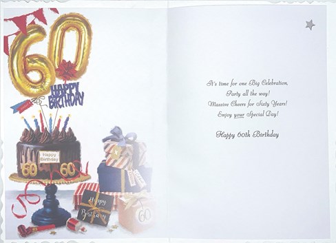 Jonny Javelin 60th Birthday Card - Age 60 Cake with Red & Blue Presents 9x6.25" Jonny Javelin 60th Birthday Card - Age 60 Cake with Red & Blue Presents 9x6.25"