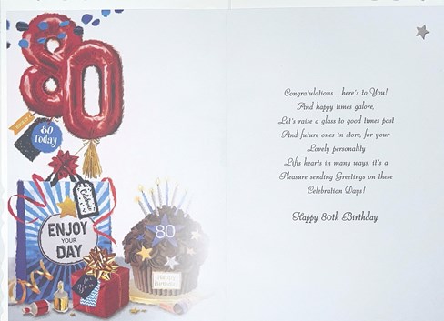 Jonny Javelin 80th Birthday Card - Age 80 Cake Red Present Balloons Foil 9x6.25" Jonny Javelin 80th Birthday Card - Age 80 Cake Red Present Balloons Foil 9x6.25"