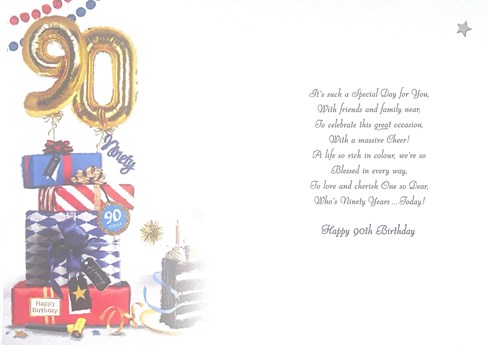 Jonny Javelin 90th Birthday Card - Age 90 Red Blue Presents Silver Foil 9x6.25" Jonny Javelin 90th Birthday Card - Age 90 Red Blue Presents Silver Foil 9x6.25"
