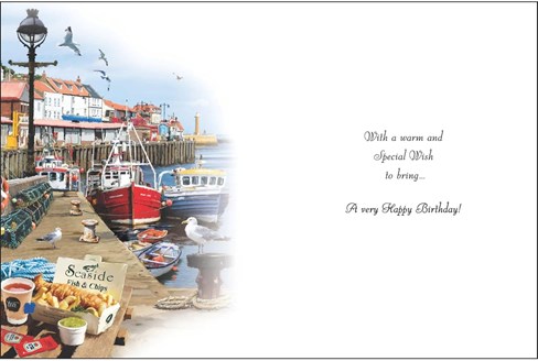 Jonny Javelin Open Male Birthday Card - Scenic Seaside Fishing Boats 7.25x5.5" Jonny Javelin Open Male Birthday Card - Scenic Seaside Fishing Boats 7.25x5.5"