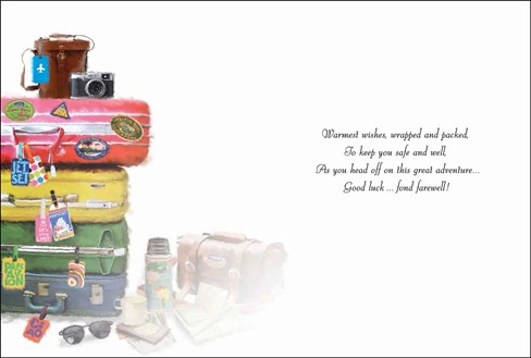 Bon Voyage Good Luck Card - Suitcases Flask Map & Camera Silver Foil 7.5x5.25" Bon Voyage Good Luck Card - Suitcases Flask Map & Camera Silver Foil 7.5x5.25"