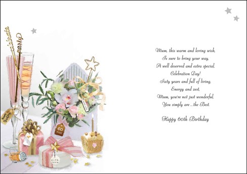 Jonny Javelin Mum 60th Birthday Card Champagne Flutes Flowers Glitter Foil 9x6" Jonny Javelin Mum 60th Birthday Card Champagne Flutes Flowers Glitter Foil 9x6"