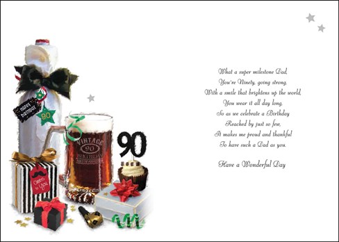 Dad 90th Birthday Card - Beer Tankard Presents and Cupcake with Foil 9x6.25" Dad 90th Birthday Card - Beer Tankard Presents and Cupcake with Foil 9x6.25"