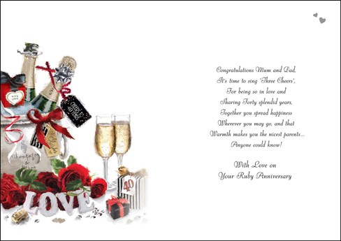 Mum & Dad Ruby 40th Wedding Anniversary Card - Champagne & Glasses 9x6" Mum & Dad Ruby 40th Wedding Anniversary Card - Champagne & Glasses 9x6"