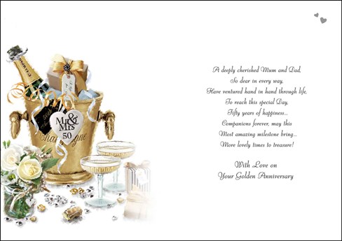 Mum & Dad Golden 50th Wedding Anniversary Card - Champagne Bucket 9"x6.25" Mum & Dad Golden 50th Wedding Anniversary Card - Champagne Bucket 9"x6.25"