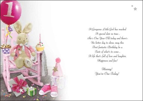 Jonny Javelin Age 1 Girl Birthday Card - Pink Chair Rabbit & Gifts 9" x 6.25" Jonny Javelin Age 1 Girl Birthday Card - Pink Chair Rabbit & Gifts 9" x 6.25"