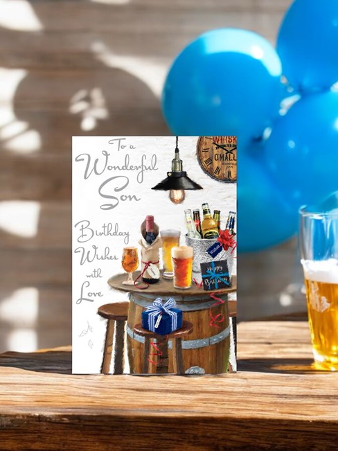 Jonny Javelin Son Birthday Card - Beer Barrel Table with Silver Foil 9x6.25" Jonny Javelin Son Birthday Card - Beer Barrel Table with Silver Foil 9x6.25"