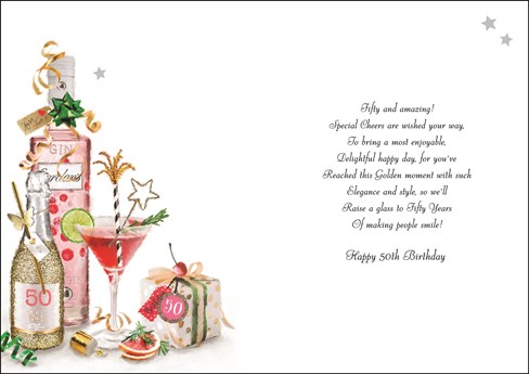 Velvet Jonny Javelin Friend V569 - Biglietto di auguri per 50° compleanno, motivo: fiori, cocktail e regali Velvet Jonny Javelin Friend V569 - Biglietto di auguri per 50° compleanno, motivo: fiori, cocktail e regali