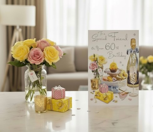 Jonny Javelin Special Friend 60th Birthday Card - Champagne Cake Flowers 9x6.25" Jonny Javelin Special Friend 60th Birthday Card - Champagne Cake Flowers 9x6.25"