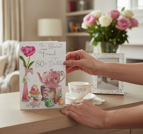 Jonny Javelin Special Friend 80th Birthday Card - Pink Teapot Flower Cake 9x6.25 Jonny Javelin Special Friend 80th Birthday Card - Pink Teapot Flower Cake 9x6.25