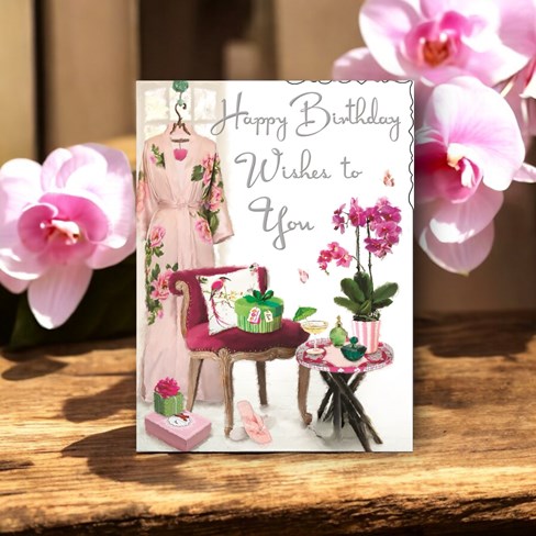 Jonny Javelin Open Female Birthday Card - Pink Orchid on Table & Kimono 7.25x5.5 Jonny Javelin Open Female Birthday Card - Pink Orchid on Table & Kimono 7.25x5.5