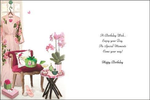 Jonny Javelin Open Female Birthday Card - Pink Orchid on Table & Kimono 7.25x5.5 Jonny Javelin Open Female Birthday Card - Pink Orchid on Table & Kimono 7.25x5.5