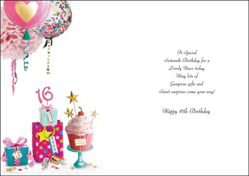 Niece 16th Birthday Card - Cupcake and Presents with Glitter & Silver Foil 9"x6" Niece 16th Birthday Card - Cupcake and Presents with Glitter & Silver Foil 9"x6"