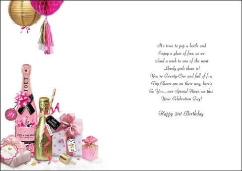 Niece 21st Birthday Card - Pink and Gold Champagne with Glitter Foil 9x6.25" Niece 21st Birthday Card - Pink and Gold Champagne with Glitter Foil 9x6.25"