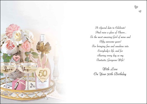 Wife 50th Birthday Card - Pink Champagne and Flowers with Glitter Foil 9x6.25" Wife 50th Birthday Card - Pink Champagne and Flowers with Glitter Foil 9x6.25"