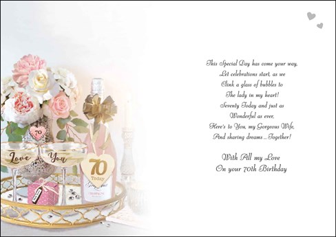 Wife 70th Birthday Card - Pink Champagne and Flowers with Glitter Foil 9x6.25" Wife 70th Birthday Card - Pink Champagne and Flowers with Glitter Foil 9x6.25"