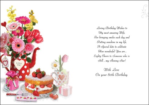 Wife 80th Birthday Card - Cake and Flowers in Teapot with Glitter Foil 9x6.25" Wife 80th Birthday Card - Cake and Flowers in Teapot with Glitter Foil 9x6.25"