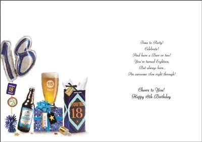 Jonny Javelin Son 18th Birthday Card - Balloons and Beer with Silver Foil 9x6" Jonny Javelin Son 18th Birthday Card - Balloons and Beer with Silver Foil 9x6"