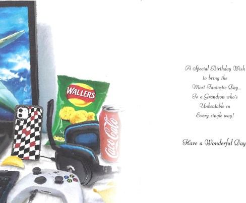 Jonny Javelin Grandson Birthday Card - Games Controller Phone & Snacks 9x6.25" Jonny Javelin Grandson Birthday Card - Games Controller Phone & Snacks 9x6.25"