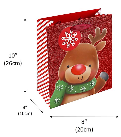 Medium Christmas Gift Bag and Tag- Red Glitter with Rudolph in Green Scarf 10x8" Medium Christmas Gift Bag and Tag- Red Glitter with Rudolph in Green Scarf 10x8"