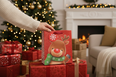 Medium Christmas Gift Bag and Tag- Red Glitter with Rudolph in Green Scarf 10x8" Medium Christmas Gift Bag and Tag- Red Glitter with Rudolph in Green Scarf 10x8"
