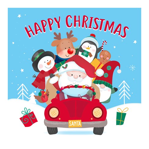 Pack of 20 Mini Square Christmas Cards - 2 Designs - Santa & Friends in Car Pack of 20 Mini Square Christmas Cards - 2 Designs - Santa & Friends in Car