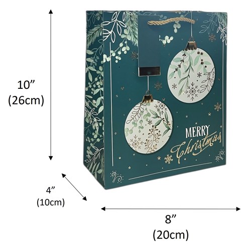Medium Christmas Gift Bag - Green with Mistletoe Baubles and Gold Foil 10x8" Medium Christmas Gift Bag - Green with Mistletoe Baubles and Gold Foil 10x8"