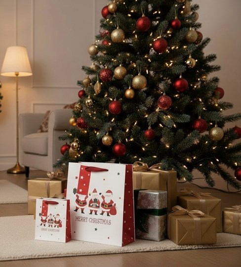 Medium Christmas Gift Bag - White with Three Santa's and Red Foil Gift Tag 10x8" Medium Christmas Gift Bag - White with Three Santa's and Red Foil Gift Tag 10x8"