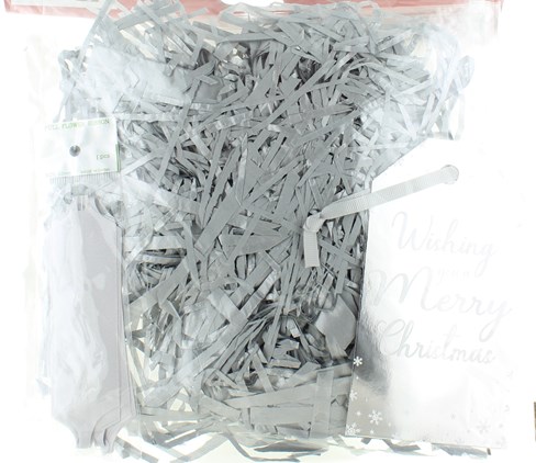 Christmas Hamper Dressing Kit - Shredded Tissue Pull Bow Tag Cellophane - Silver Christmas Hamper Dressing Kit - Shredded Tissue Pull Bow Tag Cellophane - Silver